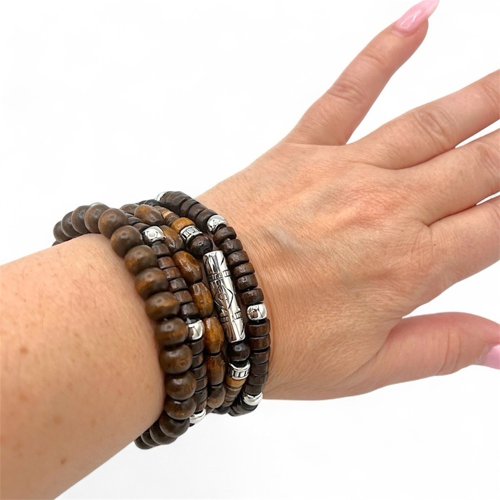 Handmade wooden beads stretch bracelets Set of 5, NEW!